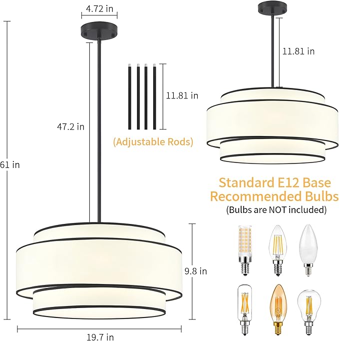 19.7'' Modern Drum Chandeliers,Black Chandeliers for Dining Room Hanging Light Fixtures,3-Tier Drum Pendant Light Over Island,6-Light White Fabric Chandeliers for Kitchen Living Room Entryway Bedroom