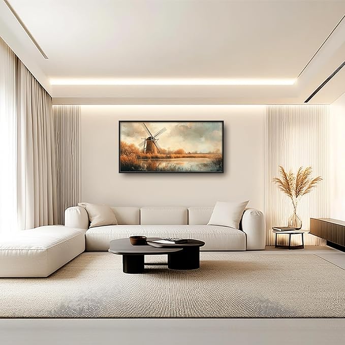 Landscape Framed Wall Art for Living Room, Large Holland Windmill Canvas Wall Decor, Country Farmhouse Pictures Painting, Modern Artwork for Bathroom Bedroom 60L'' × 30W''