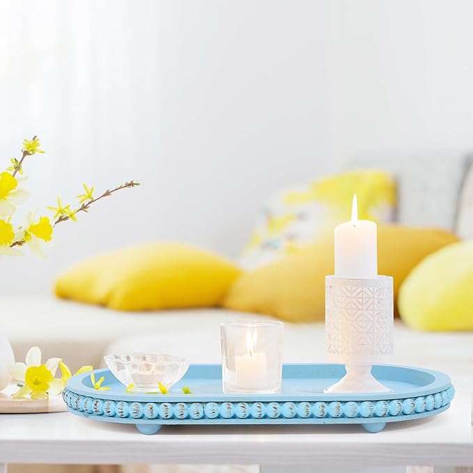 HPC Decor 15in Oval Light Blue Wood Beaded Tray for Home, Decorative Serving Tray, Rustic Farmhouse Wooden Trays for Vintage Centerpiece, Kitchen Counter, Living Room, Coffee Table