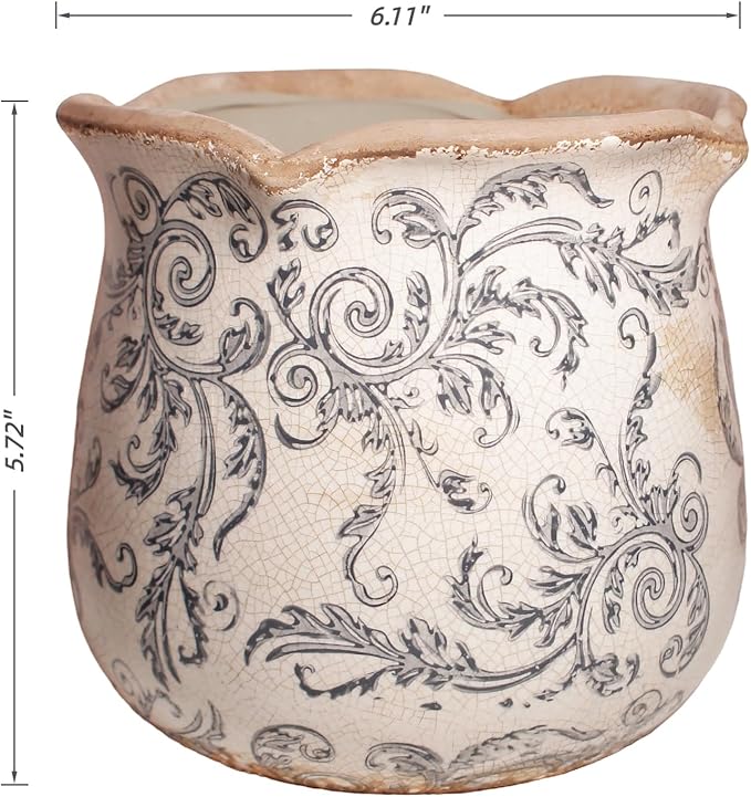 Ceramic Pots for Plants, Vintage Plant Pot with Drainage Hole, 6.11in. Planter for Indoor Plants, Crackle Glaze Finish Flower Pot, Perfect Tuscan Ceramic Planter for Gardening, Gray Swirls