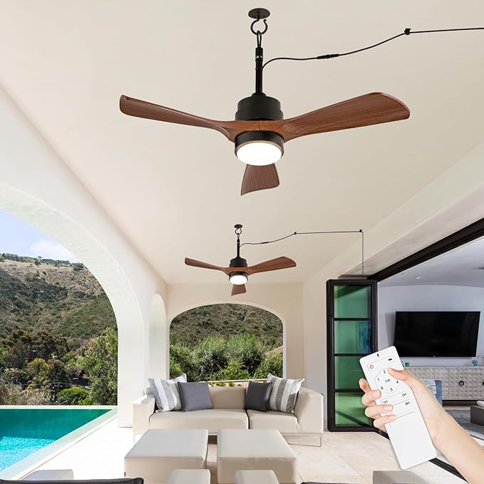 42 inch Gazebo Ceiling Fans Outdoor Hanging Waterproof, Wet Rated Oudoor Ceiling Fans for Patios with Light, 6 Speed Remote, Plug in Cord Outlet Hook for Outside Porch, Pergola, Garage-Wulnut