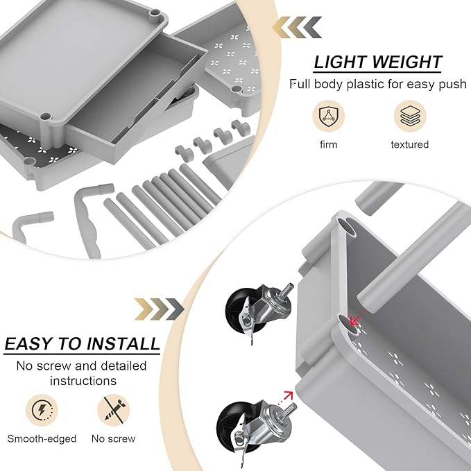Goovilla 3 Tier Rolling Utility Cart Organizer with Removable Drawer, Stable and Sturdy Grey Rolling Storage Carts with 2 Lockable Wheels for Bathroom, Kitchen, Snack, Craft, Makeup, Baby Essentials