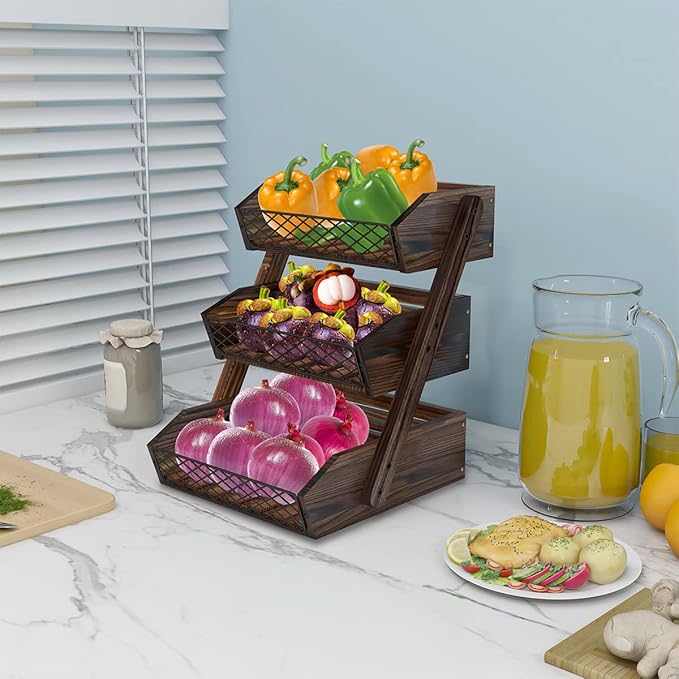 Dorhors Fruit Basket for Kitchen, 3 Tier Fruit Bowl for Kitchen Counter,Wooden Vegetable Holder for Countertop