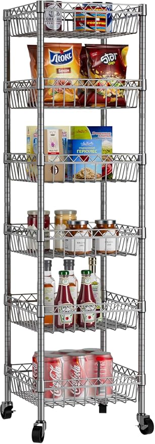 6 Shelves Storage Shelf Wire Closet Bathroom Organizers Metal Pantry Kitchen Garage Shelving Unit Laundry Room Organization Home Rack Net Basket Silver with Wheels 14" Dx14 Wx64.8 H