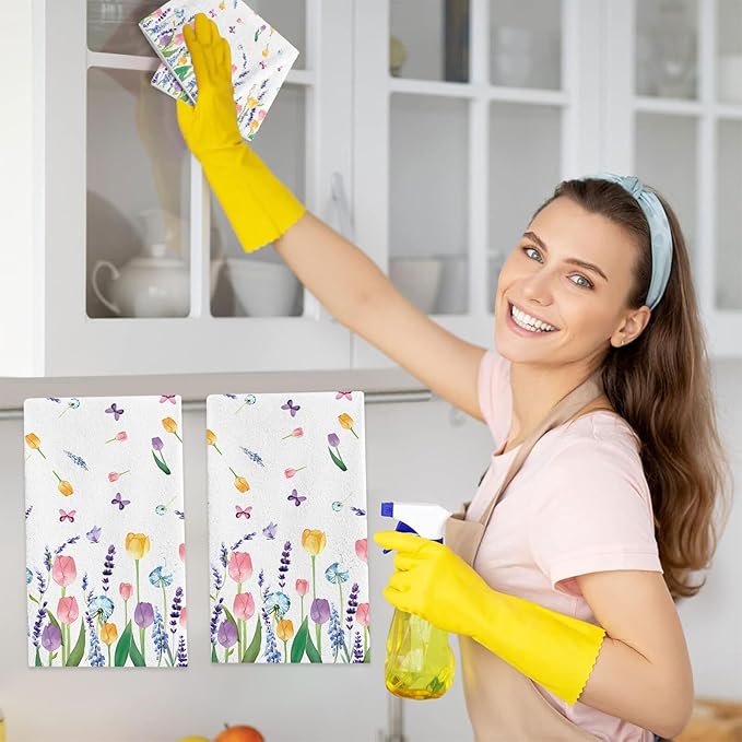 Seasonal Spring Summer Kitchen Towels Dish Towels Set of 2,Lavender Tulip Hand Towels 18x28 Inch Drying Dishcloth,Summer Holiday Dish Towels for Kitchen Bathroom Home Decor Housewarming Gifts