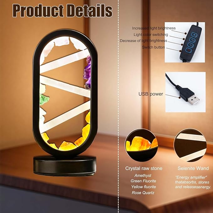 Runyangshi Crystal Table Lamp Night Light Natural Selenite & Colour Crystal Raw Stone Bedside Lamp with 3 Adjustable Light Colours Suitable for Home Decoration, Bedroom Office Desk Lighting