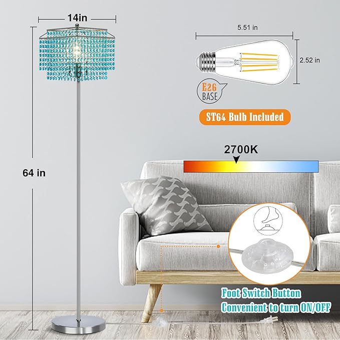 Luvkczc Crystal Floor Lamp Blue, 64" Tall Elegant Standing Lamp with On-Off Foot Switch, Double-Layer Lampshade, Light Blue Standing Lamps for Living Room, Bedroom, Office, 8W Bulb Included
