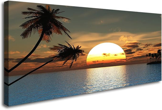 DZL Art S75675 Sunset Coconut Palm Trees Canvas Wall Art Palm Trees on the small island Tropical Scenery Nature Canvas prints Pictures for Living Room Home Office Wall Decor Artwork