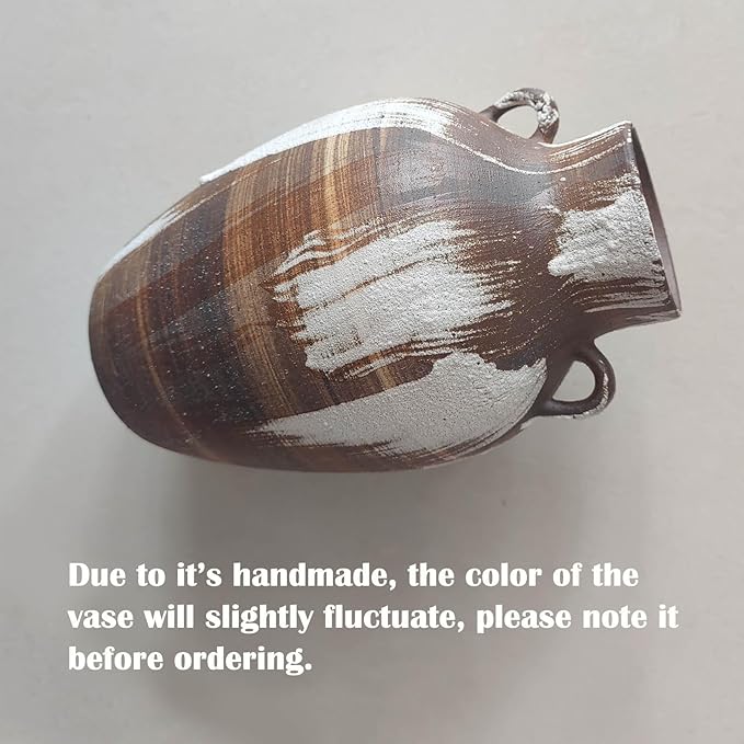 Rustic Pottery Vase - 10" Handmade Brown and White Farmhouse Vase with Handle, Unique Boho vase, Decorative Neutral Vases Home Decor, Vintage Ceramic Flower vases for Living Room, Kitchen Decor