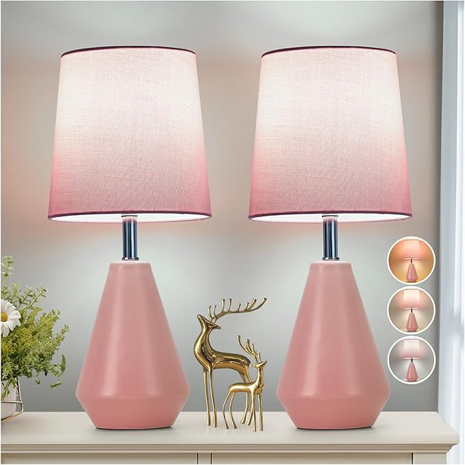 Small Bedside Table Lamp for Bedroom-Reading Desk Lamp Set of 2,with 3 Color Temperatures,15.5" Nightstand Ceramic Lamp with Fabric Shade for Kids Room,Living Room,Dorm,Home Office(Pink)