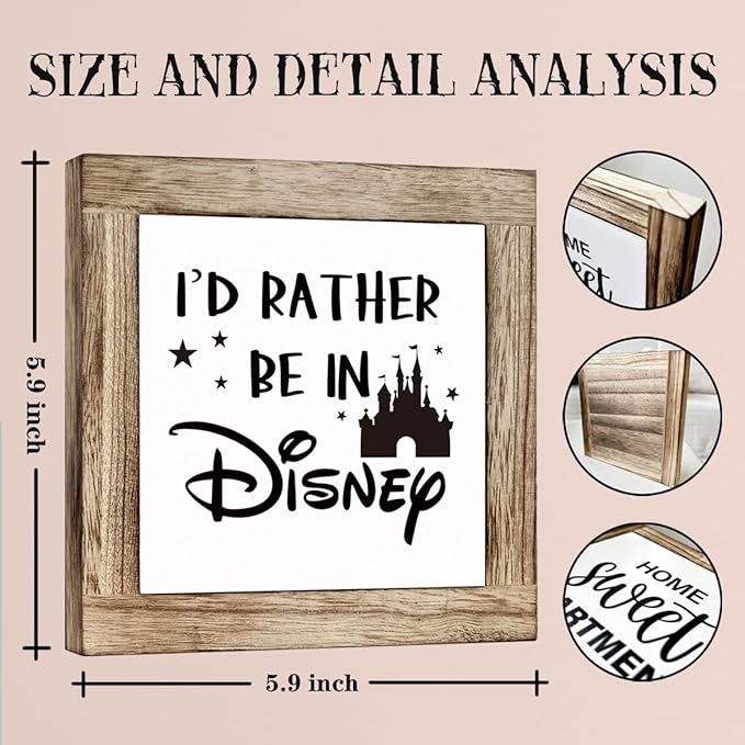 Farmhouse Wood Sign, Box Wood Plaques Desk Décor, Lovely Tabletop Decor, Living Room Decor, Inspirational Wood Sign, Motivational Office Desk Decortion, I'd Rather Be In Disney