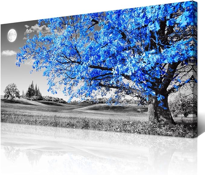Wapluam Large Canvas Wall Art For Living Room Modern Wall Decor For Bedroom Black And White Wall Paintings Blue Tree Scenery Wall Pictures Prints Artwork Office Decor Aesthetic Home Decor 30" X 60"