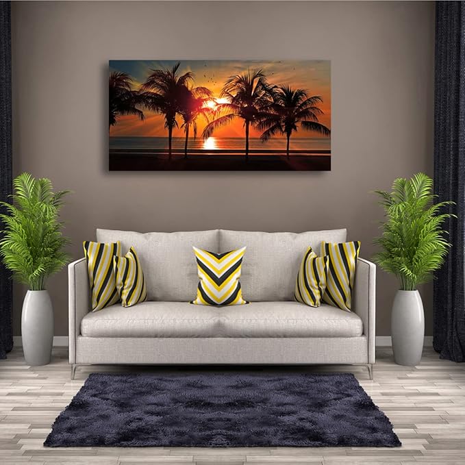 Beach Canvas Wall Art Seascape Theme Pictures Home Decor Blue Ocean Coconut Tree Sunset Prints Paintings for Living Room Bathroom Bedroom Kitchen Office Decoration Natural Scenery Artwork 20x40inches