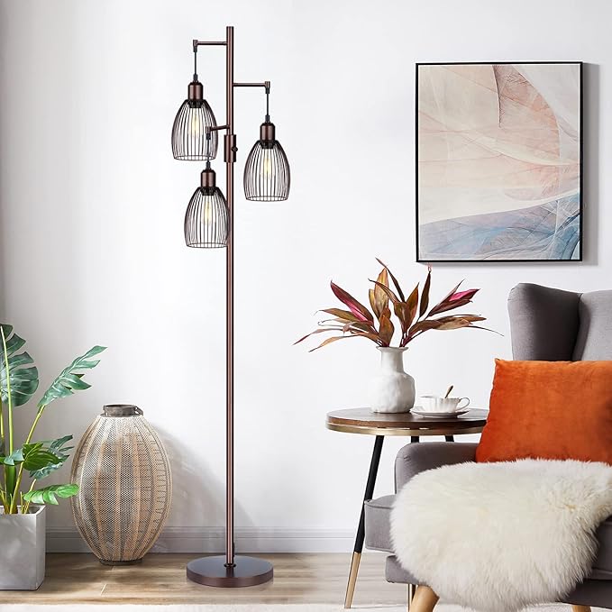 Dimmable Floor Lamp, Industrial Floor Lamps for Living Room, Brown Tree Lamp Standing Lamp Tall Lamps with 3 Elegant Teardrop Cage Head & 800 Lumens LED Bulbs for Living Room Bedroom Office