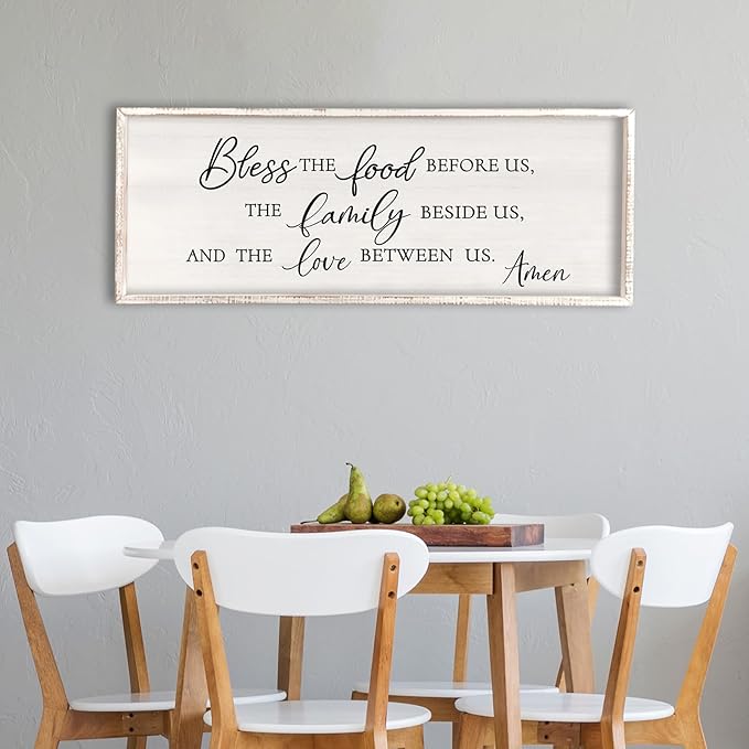 Surfapans Bless the Food Before Us Wall Decor, 32"X12" Farmhouse Dining Room Family Kitchen Sign, Christian Bible Verse Scripture Vintage Home Framed Wood Wall Art (White)