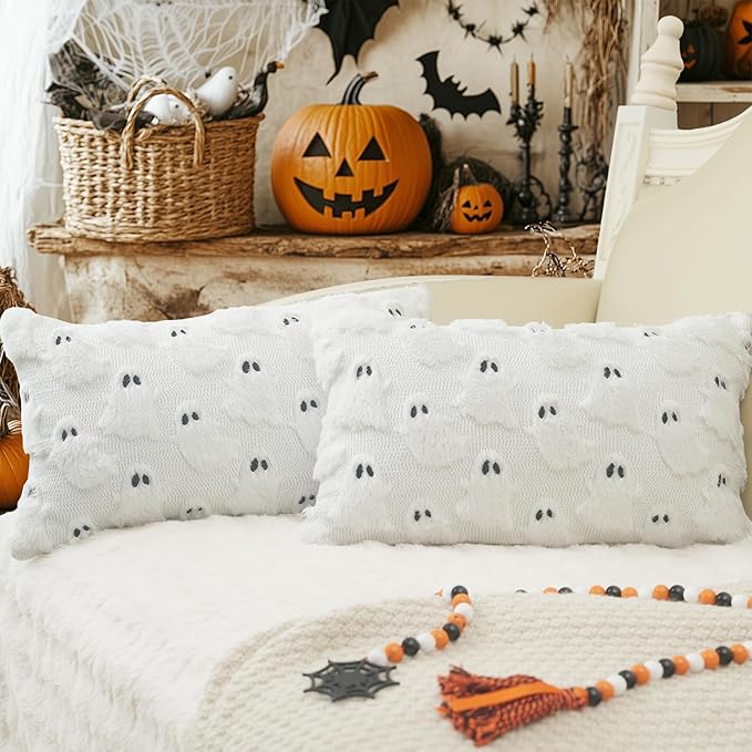 GEEORY Halloween Ghost Soft Plush Pillow Covers, 12 x 20 Inch Set of 2, Fluffy Faux Fur Wool Decorative Farmhouse Cushion Case for Sofa Home Decoration White GC026-12