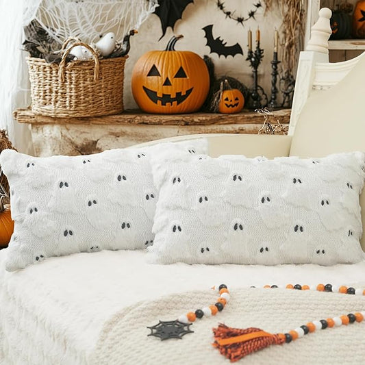 GEEORY Halloween Ghost Soft Plush Pillow Covers, 12 x 20 Inch Set of 2, Fluffy Faux Fur Wool Decorative Farmhouse Cushion Case for Sofa Home Decoration White GC026-12