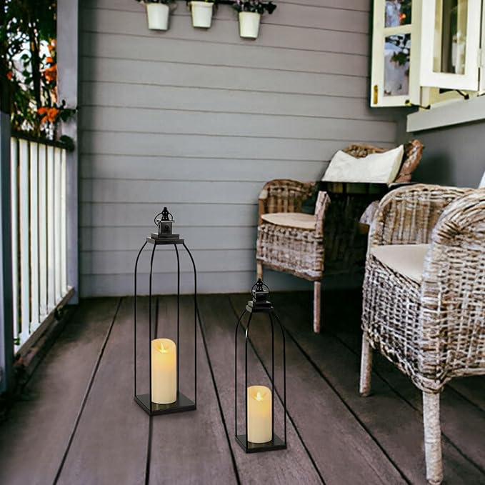19'' 22'' Decorative Candle Lanterns, Large Farmhouse Decorative Metal Lanterns with 2 Flameless Candles, Black Candle Lanterns for Home Porch Fireplace Decor & Indoor and Outdoor Use