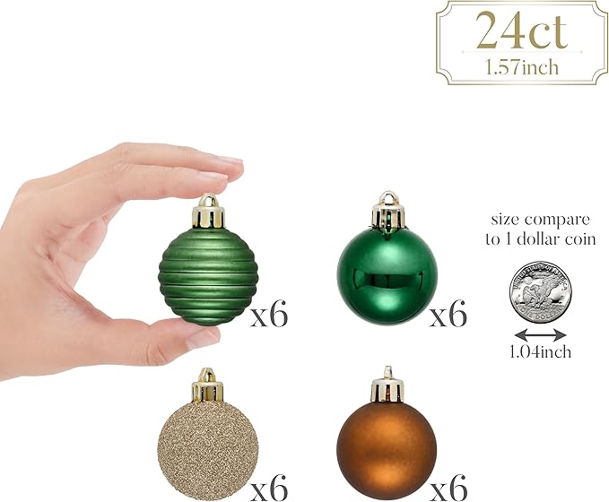 Valery Madelyn 1.57 Inches Small Christmas Tree Decorations Ornament Set for 4th of July Fall Halloween, 24ct Brown Green and Gold Shatterproof Hanging Ball Ornaments Holiday Party Decor