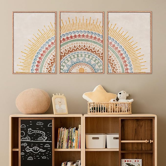 HPINUB Boho Sun Framed Canvas Wall Art Set, Mid-Century Modern Wall Decor, Minimalism Bohemian Wall Painting, Abstract Geometric Pattern Art Print for Living Room, Bedroom, Office - 24"x36"x3