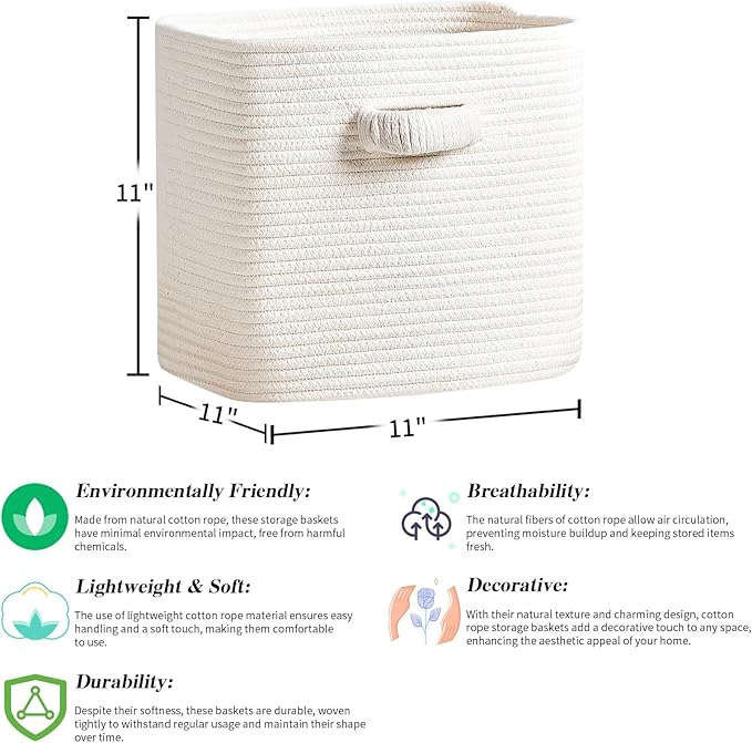 RUNKA Storage Cube Baskets - 3 Pack - 11 inch Square Baskets for Closet, Woven Bins - Ideal for Toy Storage | White