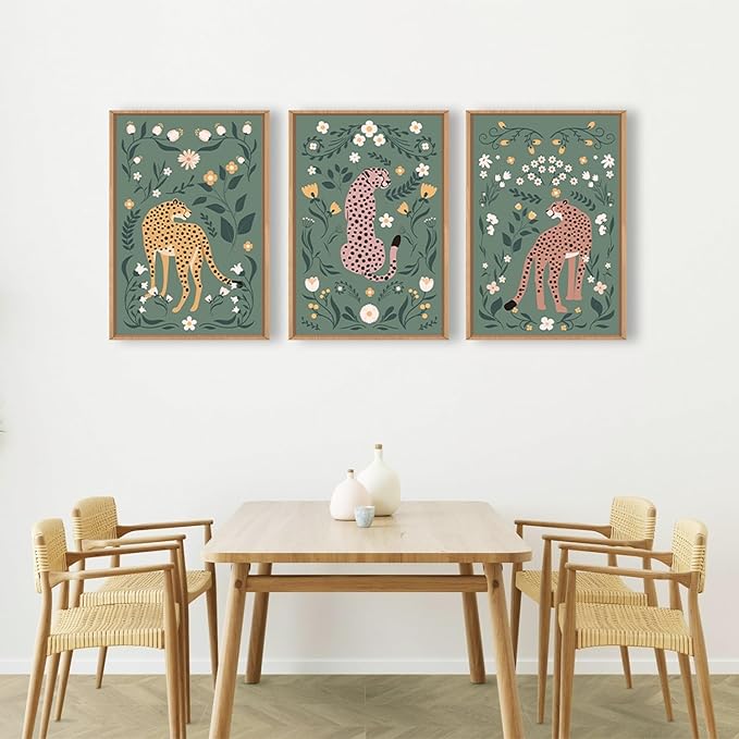 KAIRNE Boho Cheetah Wall Art Set of 3, Floral Leopard with Green Botanical Background, Mid Century Modern Animal Prints for Bedroom, Living Room, Office Decor, Aesthetic Framed Wall Decor, 24x36 Inch