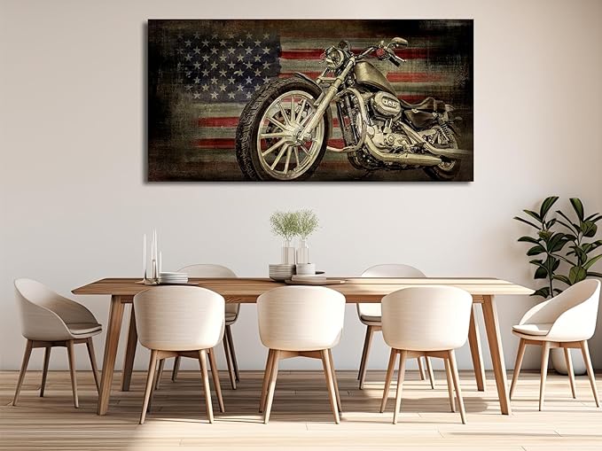 yearainn American Flag Motorcycle Wall Art - Vintage Map of USA Pictures Retro Motorcycle Wall Decor American Freedom Ride Canvas Painting Print Modern Classic Artwork for Office Home Decor 29" x 58"