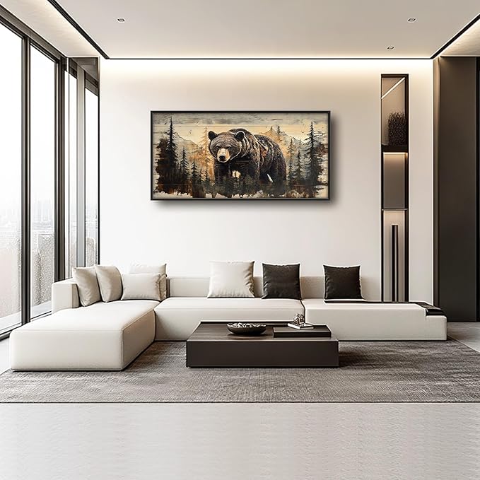 Cabin Wall Art for Living Room, Brown Bear Canvas Wall Decor, Large Wildlife Animal Pictures Framed Painting, Natural Landscape Artwork for Bedroom Office Home Decor 60L'' × 30W''