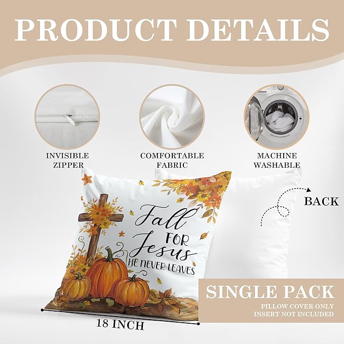 Christian Fall Pillow Covers 18x18, Farmhouse Autumn Decor, Fall for Jesus He Never Leaves Autumn Maple Leaf Pumpkin Decorative Throw Pillow Covers for Home Bedroom Living Room