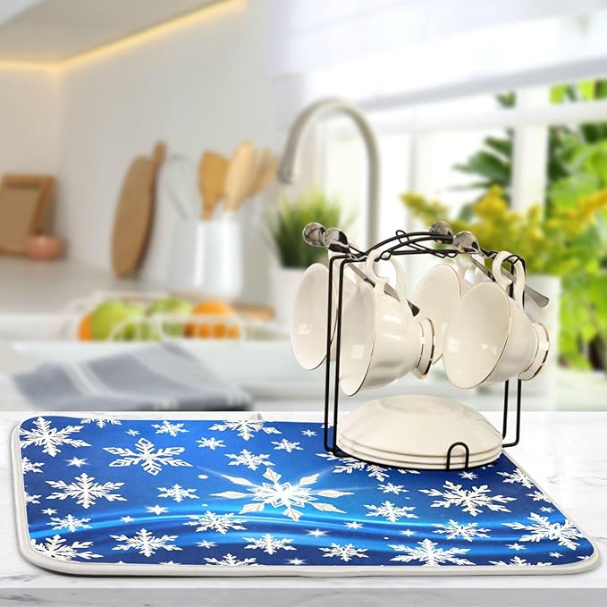 Christmas Blue Snowflakes Dish Drying Mat for Kitchen Counter 16 x 18 Snow Flakes Microfiber Dry Dishes Mats Drainer Mat Dish Drying Pad for Countertops