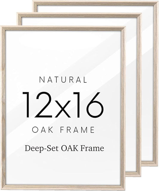 UPWOIGH 12x16 Oak Wood Picture Frame - 12x16 Large Minimalist Poster Frame, 45-Degree Flat Frame, Natural Beige Deep-Set 12"x16" Wooden Frame for Wall Art, Photos, and Prints (Set of 3)