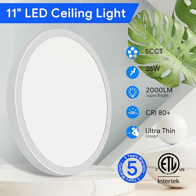 Energetic 5CCT Flush Mount Ceiling Light Fixtures, 24W LED Ceiling Lights for Bedroom, Kitchen, Bathroom, Hallway, 2700/3000/3500/4000/5000K, Super Slim, 2000LM, Brushed Black Metal Ring, 3 Pack