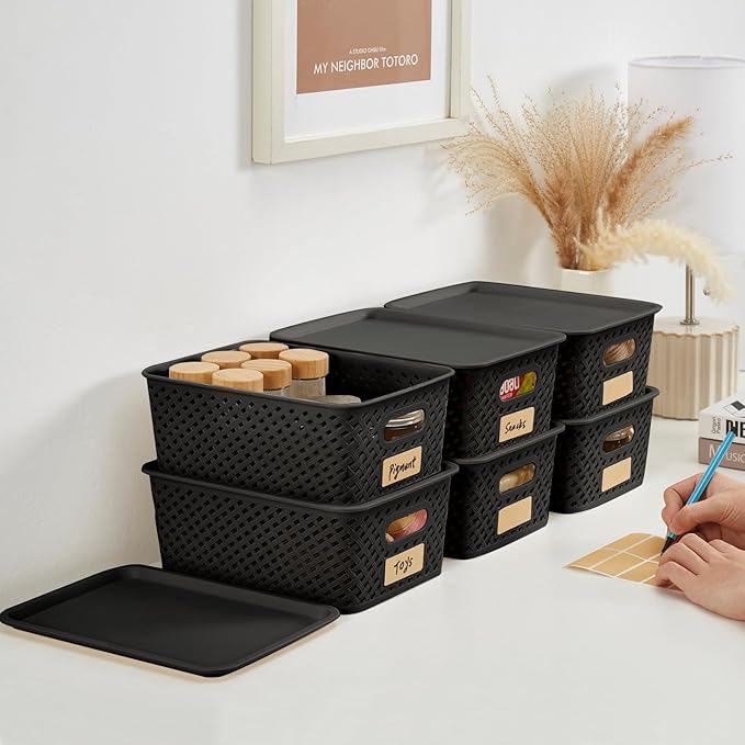 Small Plastic Twill Woven Storage Baskets with Lids, Stackable Organizing Containers with Labels for Pantry Closet Office, 6-Pack,10.35"x7.3"x4.09", Black