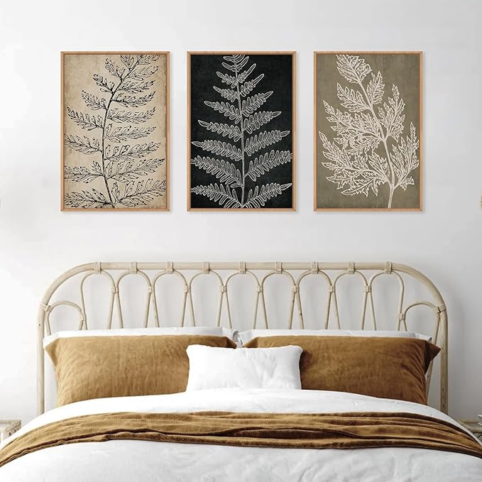 KAIRNE Botanical Fern Leaf Framed Wall Art set, Rustic Farmhouse Plant Wall Decor, Minimalist Black Tan Fern Leaf Wall Painting, Boho Modern Artwork for Living room, Bedroom, Farmhouse, 24"x36"x3
