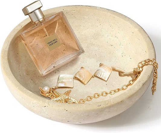 Travertine Decorative Bowl Serving Tray, 7.8" Natural Stone Centerpiece for Dining Table, Round Ottoman Decor, Housewarming Gifts Key Bowl for Entryway Table New Home Apartment Must Haves Essentials