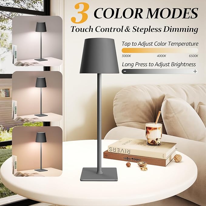 2 Pack Cordless Table Lamps, 3 Colors Stepless Dimming, 5000mAh Rechargeable Battery LED Desk Lamp for Bedroom/Couple Dinner/Desk/Cafe/Dining Room/Terrace