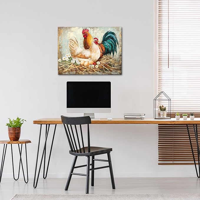 KREATIVE ARTS Farmhouse Chicken Picture Canvas Wall Art for Kitchen Dining Room Rustic Rooster with Fresh Eggs Framed 24x32 Inch Hen and Hatching Chicks Painting Ready to Hang