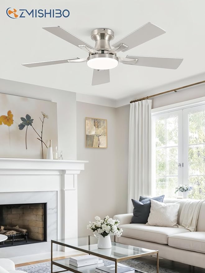 ZMISHIBO 42 Inch Ceiling Fan with Light, App&Remote Control, Flush Mount Low Profile, Dimmable 20W LED Light, Quiet Reversible Motor for Bedroom, Living Room, Apartment, Nickel
