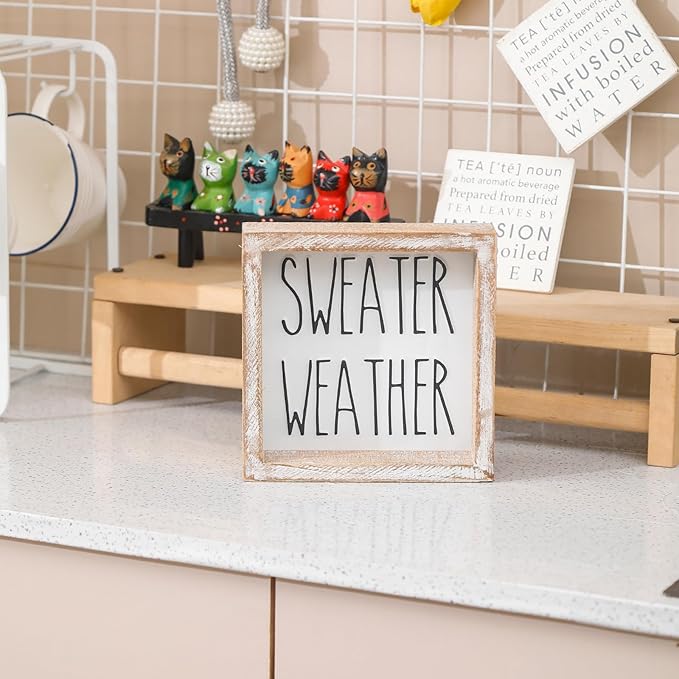 Embossed Sweater Weather Sign, Rustic Fall Decorations for Home, Fall Centerpieces for Table Cubicle Desk Mantel Fireplace, Autumn Tiered Tray Decor