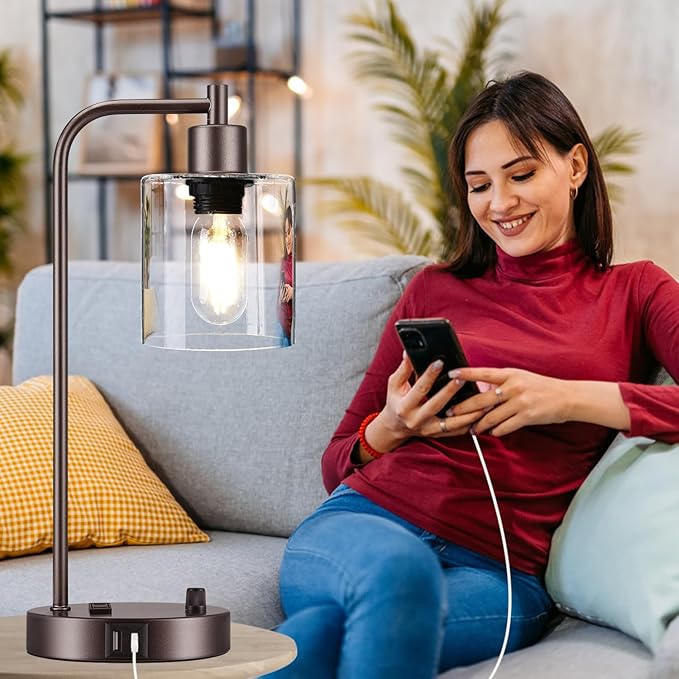 Set of 2 Oil Rubbed Bronze Table Lamps with USB C+A Ports and Outlet, Fully Stepless Dimmable Bedside Lamps, Industrial Desk Lamps with Clear Glass Shade for Living Room (2 LED Bulb)
