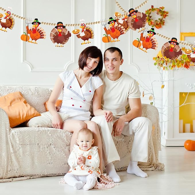Doumeny 2Pcs Fall Thanksgiving Felt Garland with Wood Bead Thankful Felt Turkey Banner Garland Turkey Wood Bead Bunting Banner Happy Thanksgiving Hanging Bunting for Home Fireplace Harvest Party Decor