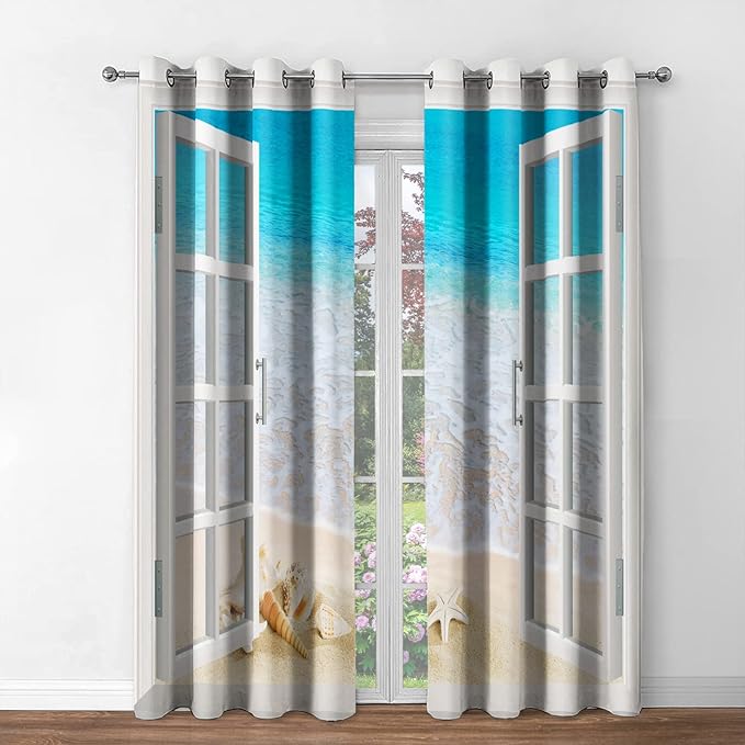 Jekeno Ocean Beach Blackout Curtains Tropical Scene Sea Waves Shell Starfish Conch View Through White Wooden Window Decor Bedroom Living Room Darkening Grommet Window Drapes 2 Panel Set, 42"x63"