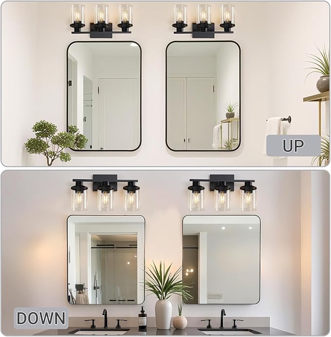 LOUSACE 3 Light Bathroom Vanity Light, Matte Black Bathroom Light Fixtures, Modern Bathroom Lights Over Mirror with Clear Glass Shade, Wall Sconce Lighting for Bedroom Living Room