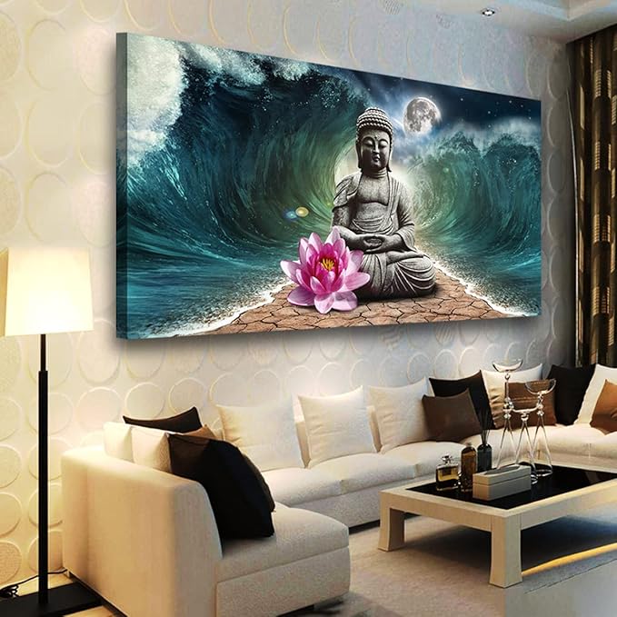 Canvas Wall Art Buddha Pictures Home Decor Grey Zen in The Background of Moon and Waves Poster Prints Painting for Living Room Bedroom Bathroom Kitchen Office Decoration Hindu Artwork 24x48 Inches