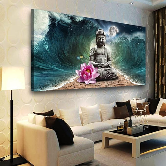 Canvas Wall Art Buddha Pictures Home Decor Grey Zen in The Background of Moon and Waves Poster Prints Painting for Living Room Bedroom Bathroom Kitchen Office Decoration Hindu Artwork 24x48 Inches