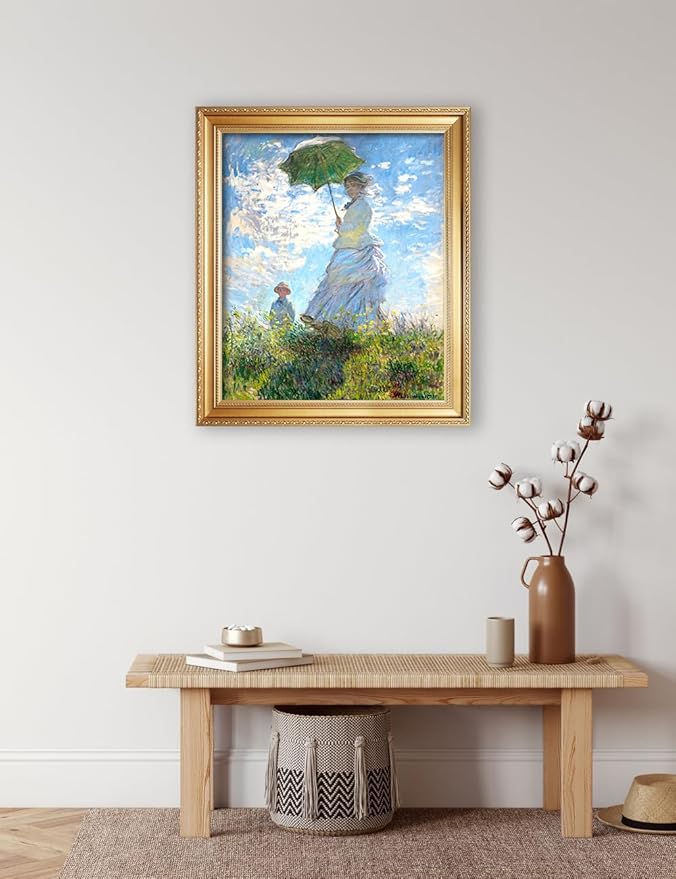 DECORARTS - Claude Monet Woman With A Parasol Giclee Print with Gold Solid Wood Frame, Impressionist Large Framed Wall Art, Ready to Hang, Framed Size 24.75x28.75, Made in USA