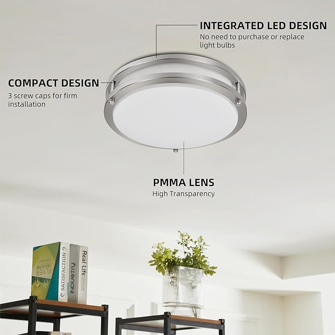 hykolity 16 inch Dimmable LED Flush Mount Ceiling Light Fixture, Brushed Nickel, 36W, 2200LM, 2.7/3/3.5/4K/5K Adjustbale, 120°Light Angle, CRI80, Ceiling Lamp for Bedroom, Kitchen, Office, ETL Listed