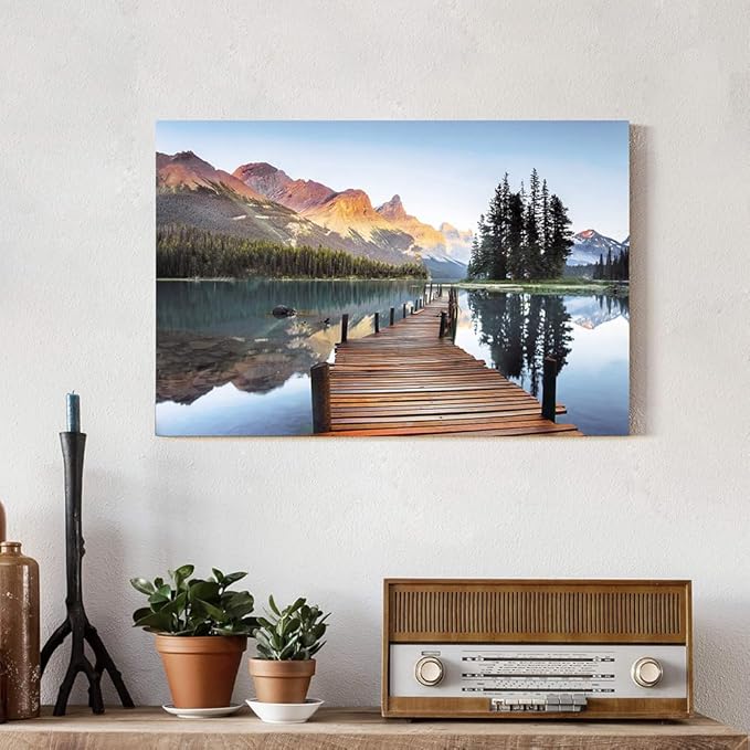 Lake Boardwalk Canvas Wall Art: Nature Mountain Sunset Scenic Artwork Woodland Water Print Picture for Bedroom