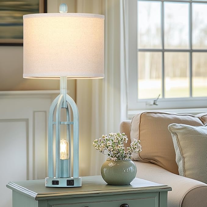 27" Farmhouse Table Lamps for Living Room,Blue Vintage Lamps Set of 2 with USB A+C Charging Ports & AC Outlet, Retro Nightstand Lamp with Fabric Shade for Bedroom, Entryway(4 Bulbs Included)