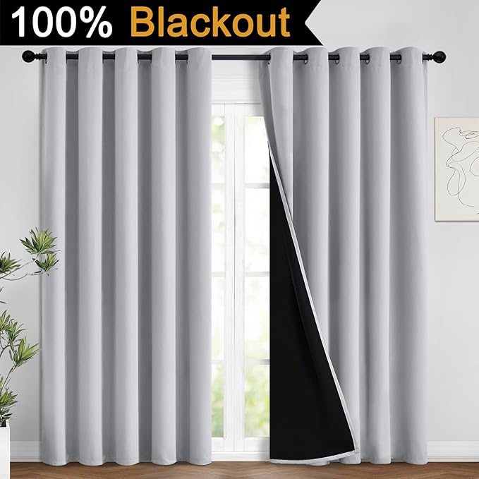 Yakamok 2 Thick Layers 100% Completely Blackout Window Curtains,Thermal Insulated Noise Reducing Drapes for Girl's Bedroom(62Wx96L, Light Grey, 2 Panels)